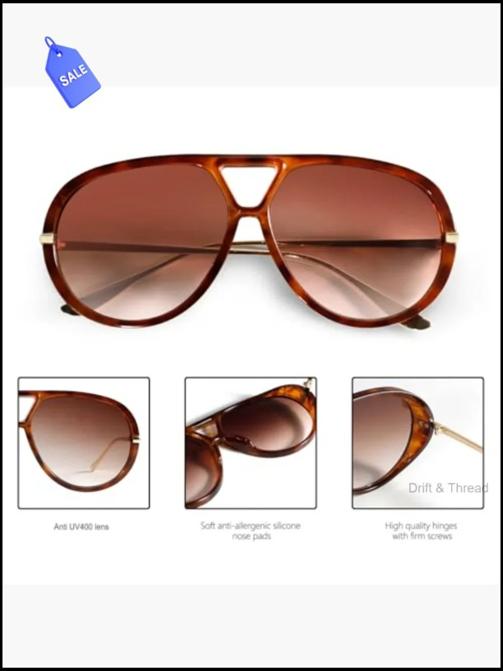 Retro Oversized Gold Metal Aviator Sunglasses UV Protection